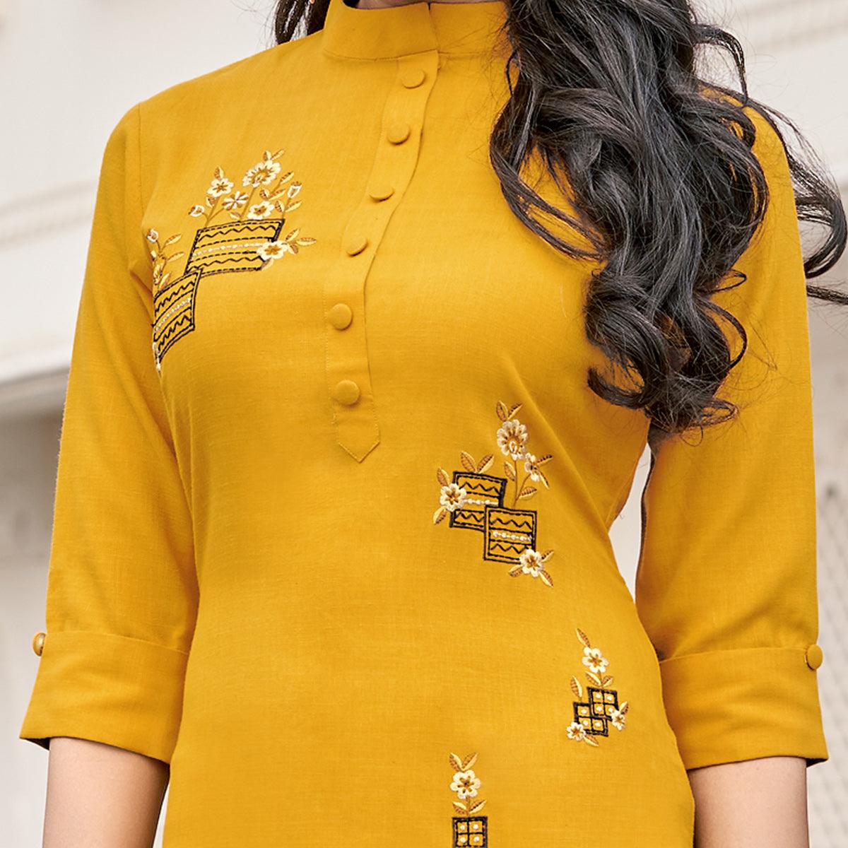 Imposing Mutard Yellow Colored Partywear Embroidered Cotton Slub Kurti Palazzo Set