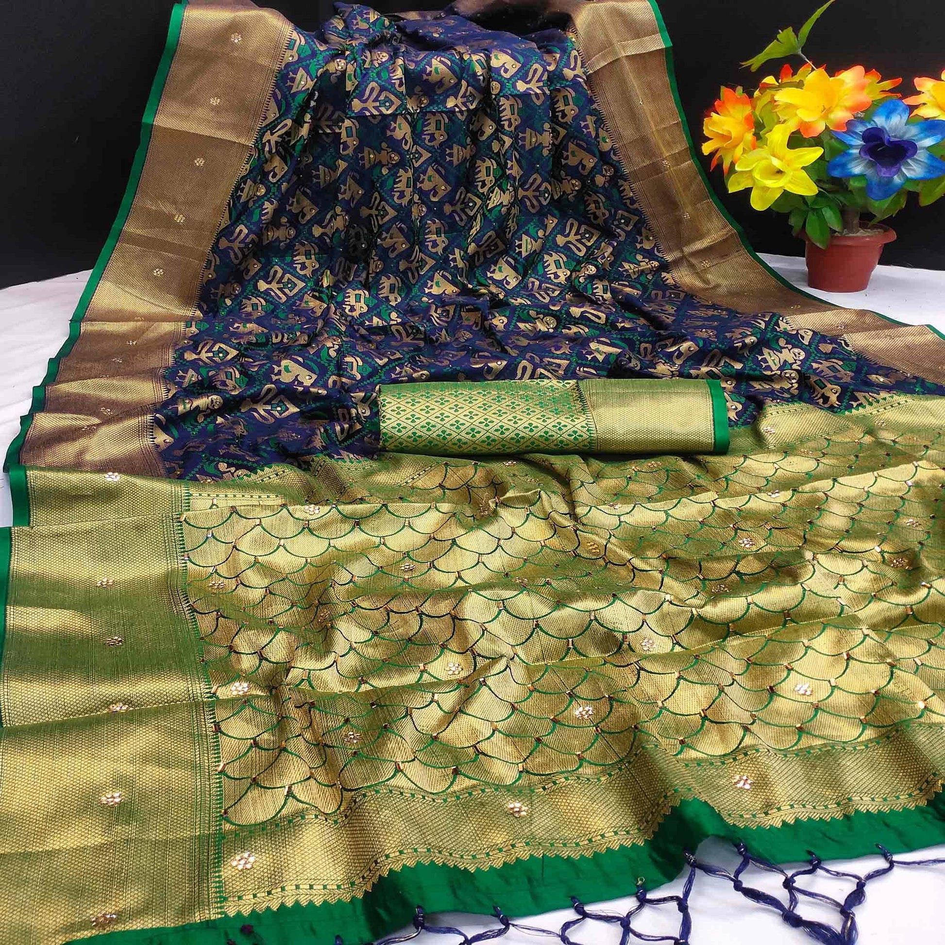 Imposing Navy Blue Colored Festive Wear Woven Banarasi Silk Saree