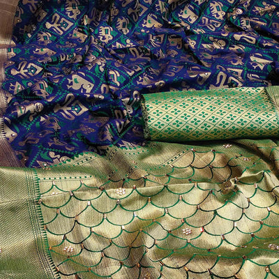 Imposing Navy Blue Colored Festive Wear Woven Banarasi Silk Saree