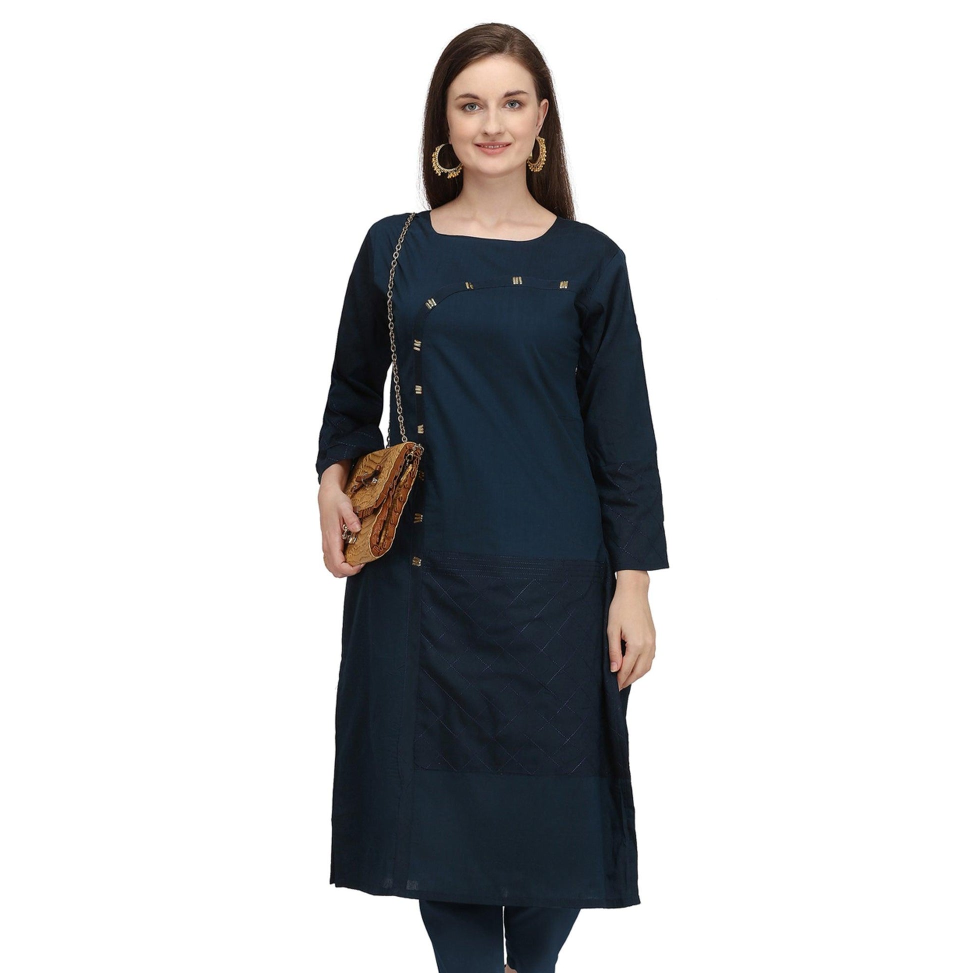 Imposing Navy Blue Colored Partywear Embroidered Viscose Kurti