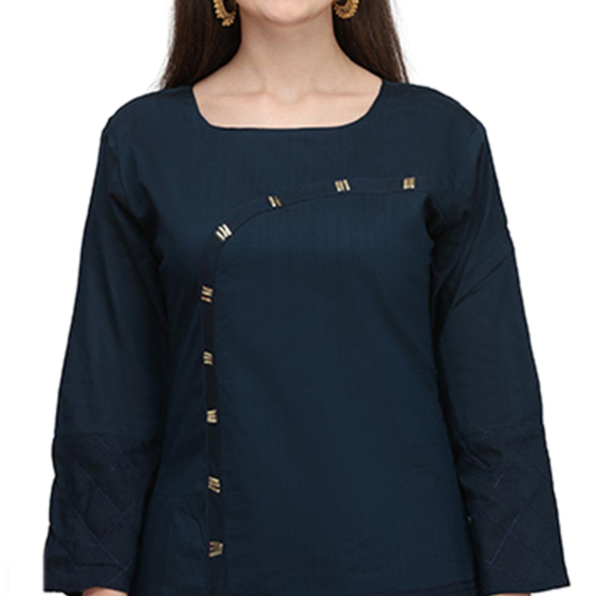 Imposing Navy Blue Colored Partywear Embroidered Viscose Kurti