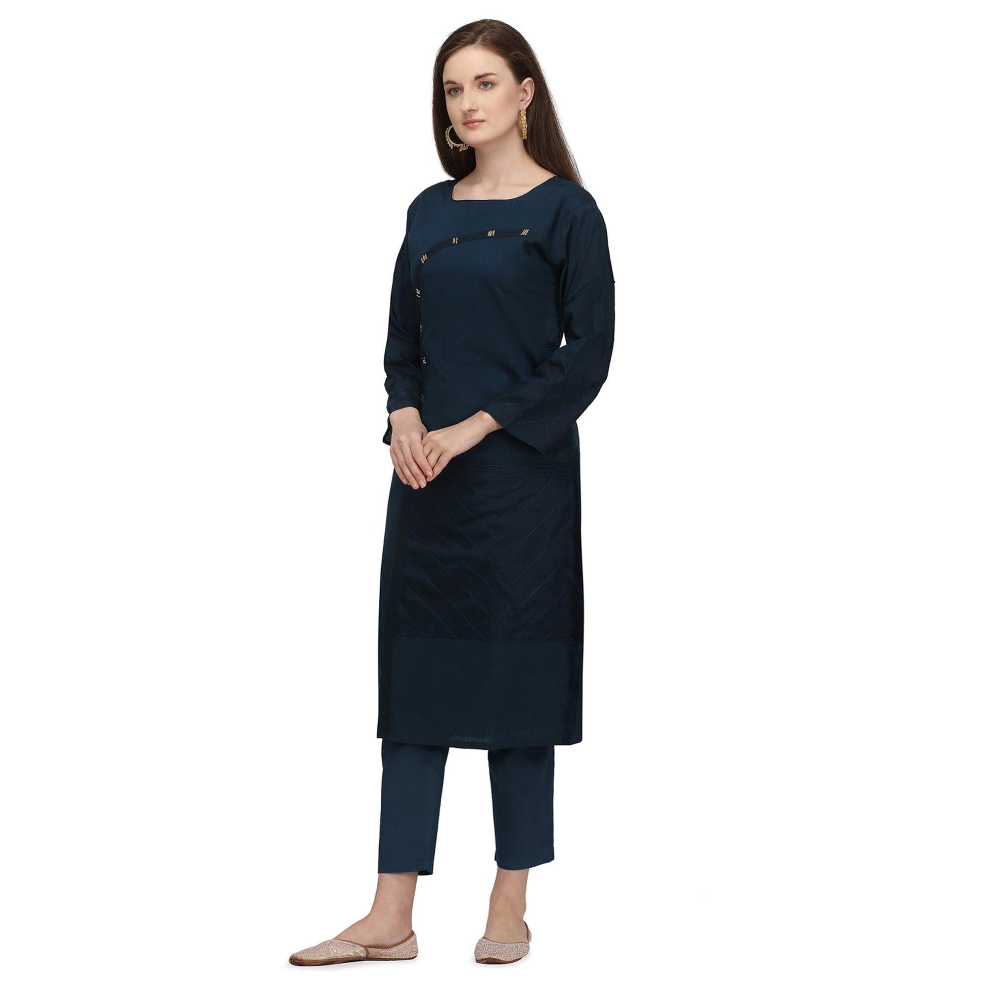 Imposing Navy Blue Colored Partywear Embroidered Viscose Kurti