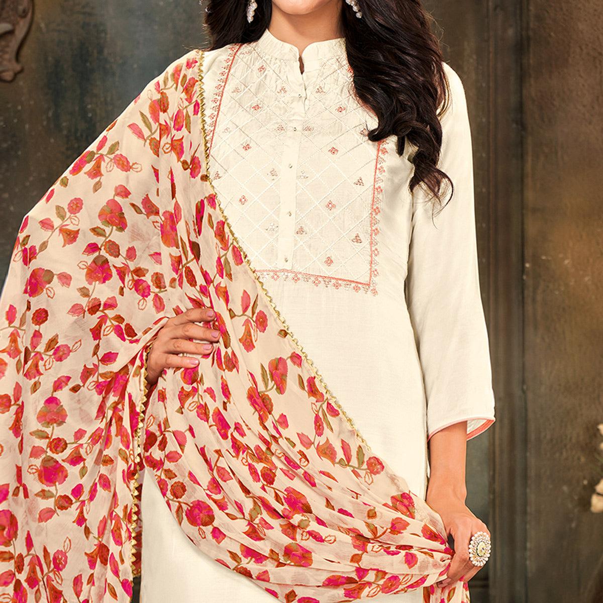 Imposing Offwhite Colored Partywear Embroidered Chanderi Dress Material