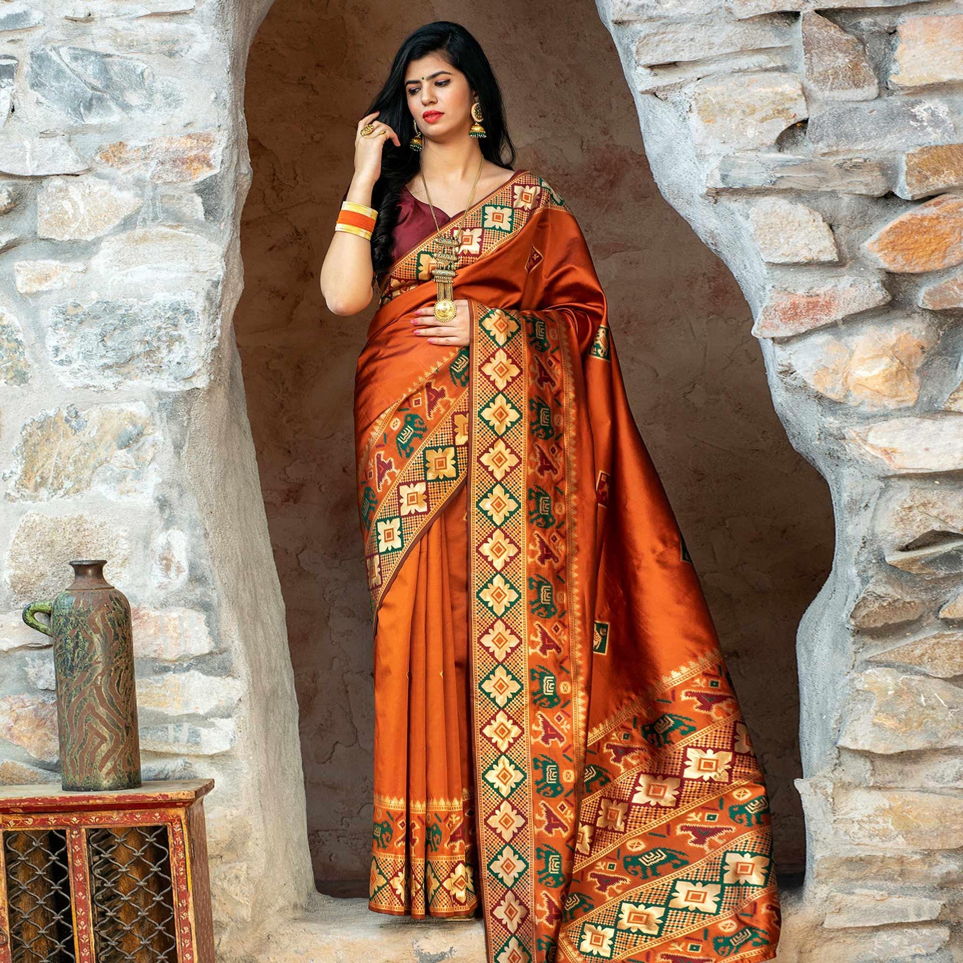Imposing Orange Colored Festive Wear Woven Patola Silk Saree