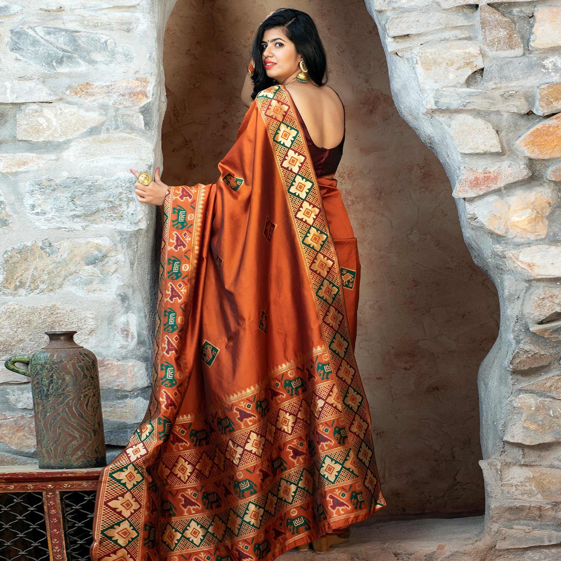 Imposing Orange Colored Festive Wear Woven Patola Silk Saree
