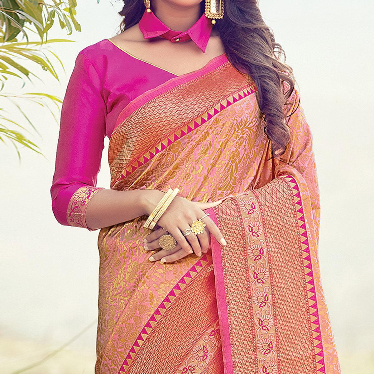 Imposing Peach Colored Festive Wear Woven Silk Saree