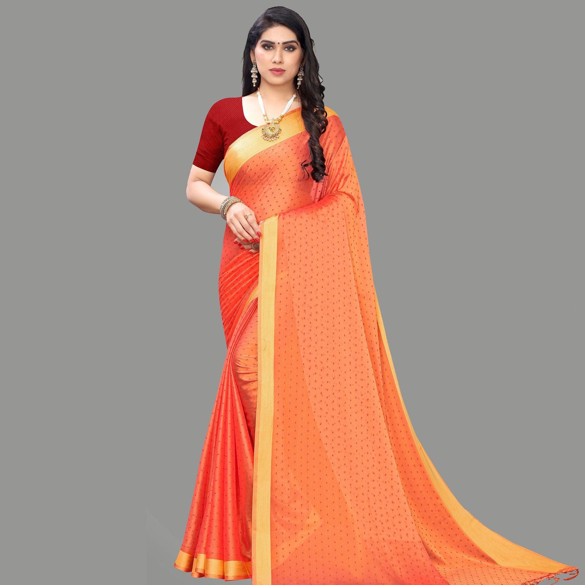 Imposing Peach Colored Party Wear Printed Poly Georgette Saree With Tassels