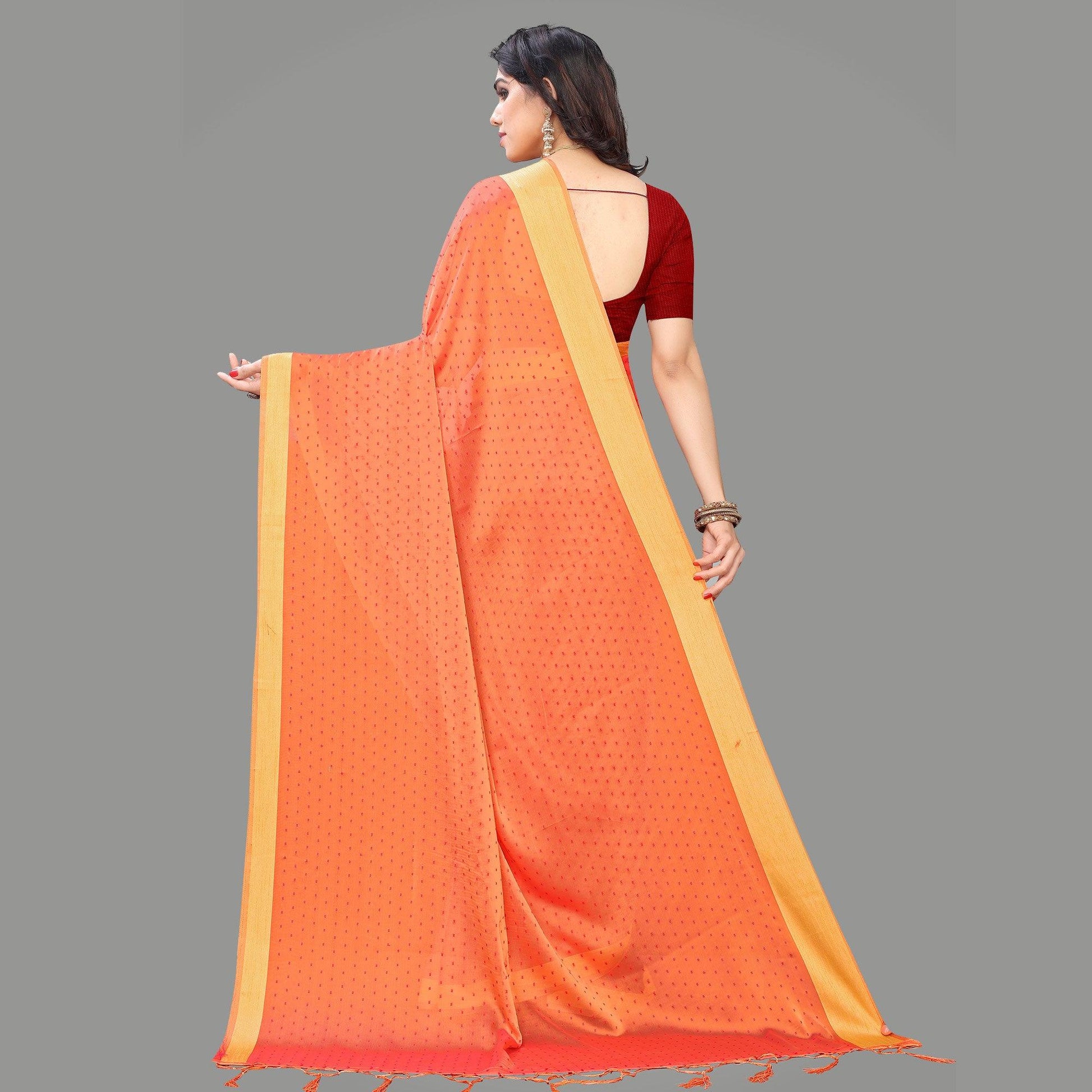 Imposing Peach Colored Party Wear Printed Poly Georgette Saree With Tassels