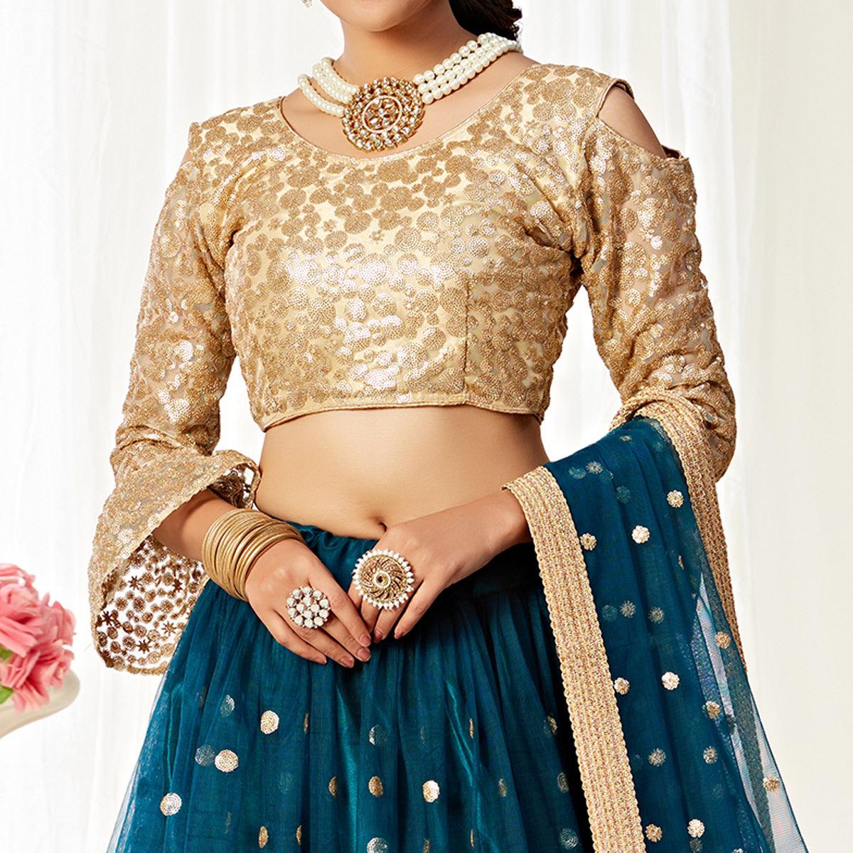 Imposing Peacock Blue Colored Wedding Wear Embroidered Heavy Net Lehenga Choli