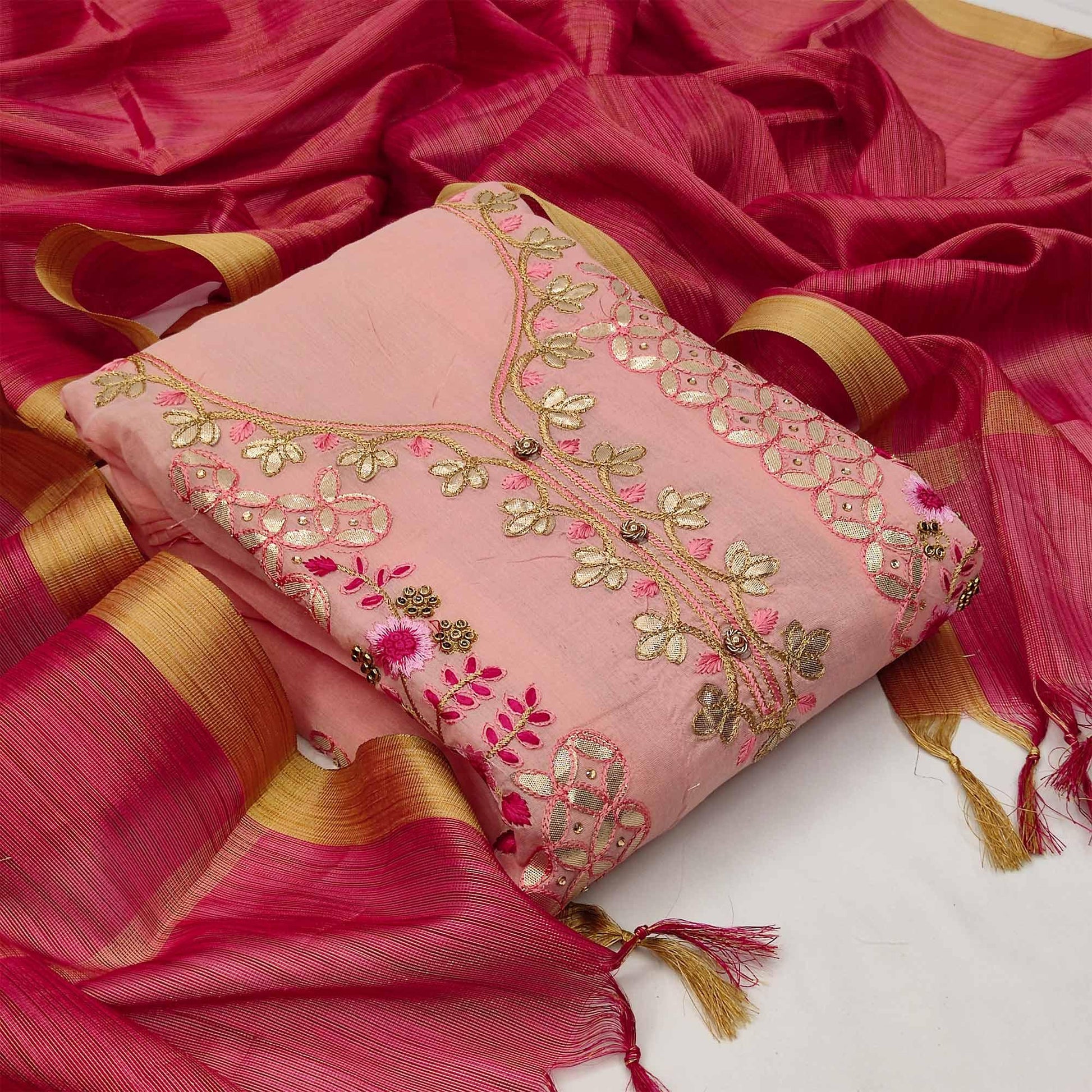 Imposing Pink Colored Casual Embroidered Modal Chanderi Dress Material