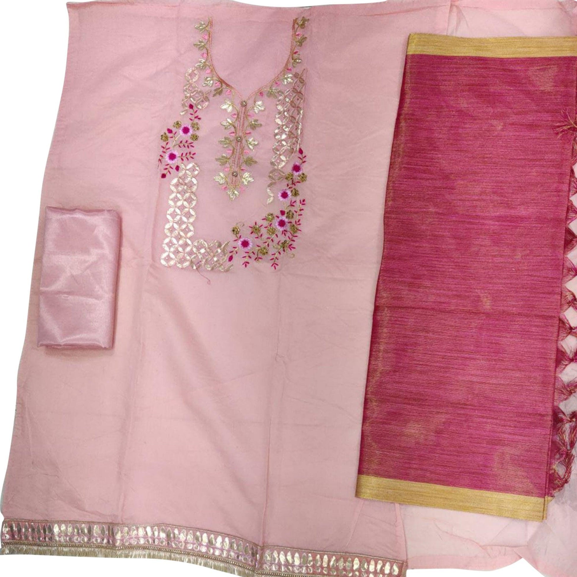 Imposing Pink Colored Casual Embroidered Modal Chanderi Dress Material