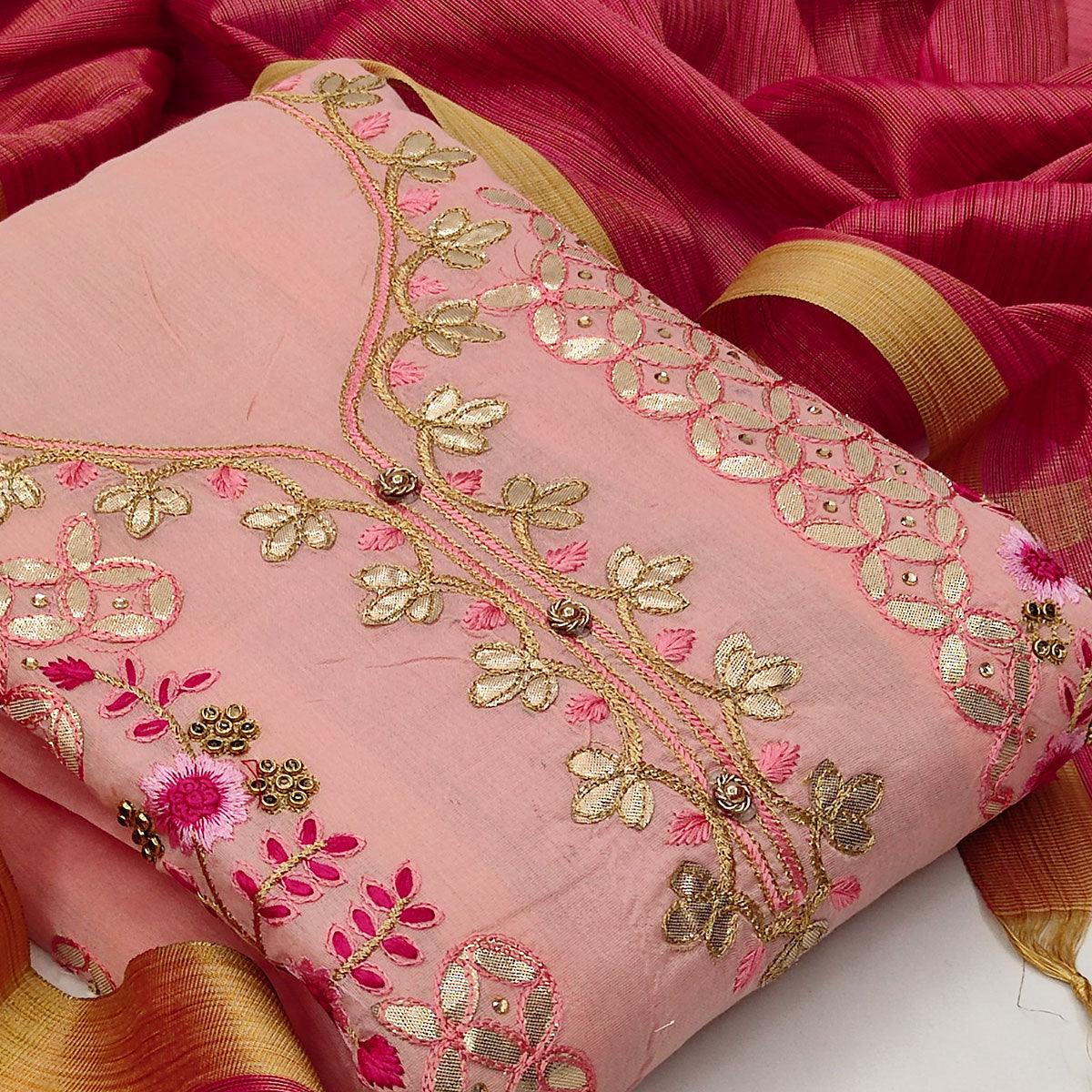 Imposing Pink Colored Casual Embroidered Modal Chanderi Dress Material