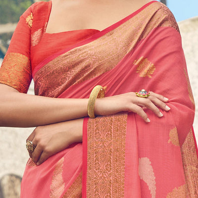 Imposing Pink Colored Festive Wear Woven Cotton Handloom Saree
