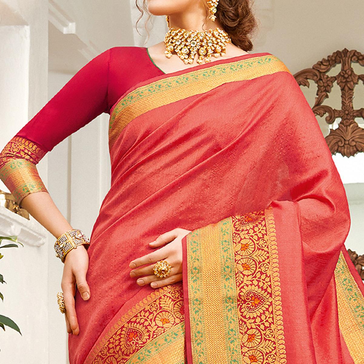 Imposing Pink Colored Festive Wear Woven Handloom Silk Saree