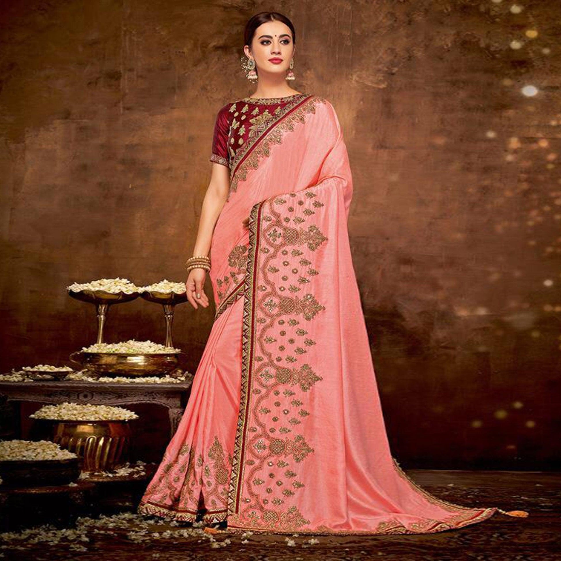 Imposing Pink Colored Partywear Embroidered Silk-Georgette Saree