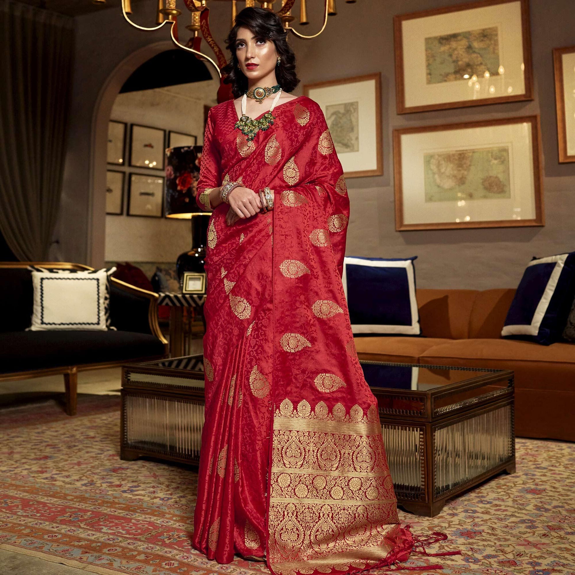 Imposing Red Colored Festive Wear Weaving Pure Satin Saree