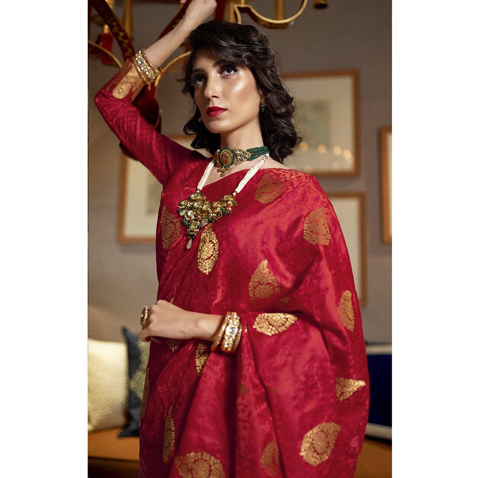 Imposing Red Colored Festive Wear Weaving Pure Satin Saree