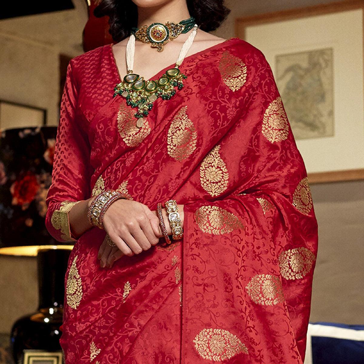 Imposing Red Colored Festive Wear Weaving Pure Satin Saree