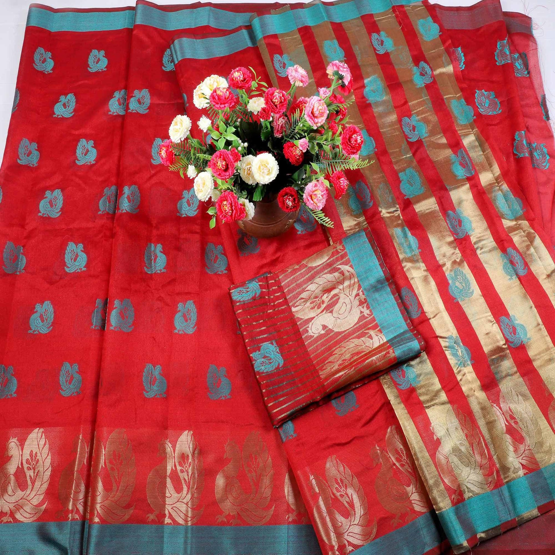 Imposing Red Colored Festive Wear Woven Cotton Silk Saree