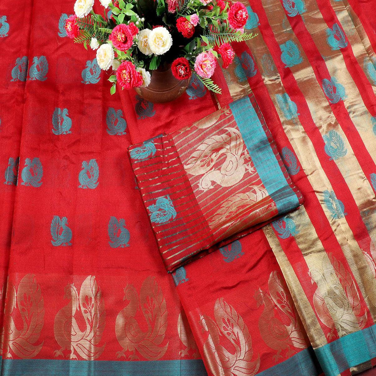 Imposing Red Colored Festive Wear Woven Cotton Silk Saree