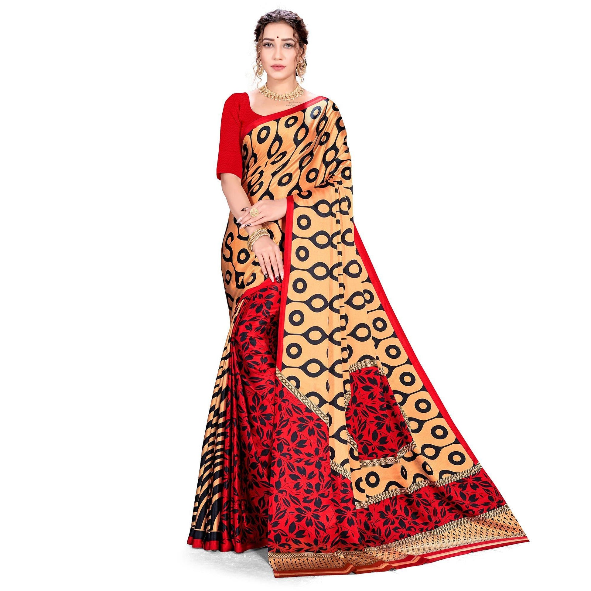 Imposing Red-Cream Colored Festive Wear Printed Satin Crepe Saree