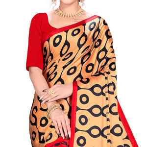 Imposing Red-Cream Colored Festive Wear Printed Satin Crepe Saree