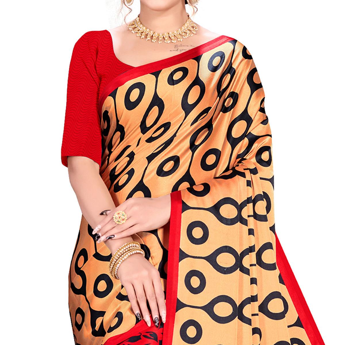 Imposing Red-Cream Colored Festive Wear Printed Satin Crepe Saree