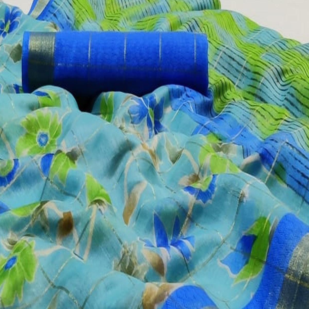 Imposing Sea Blue Colored Casual Wear Fancy Printed Cotton Saree