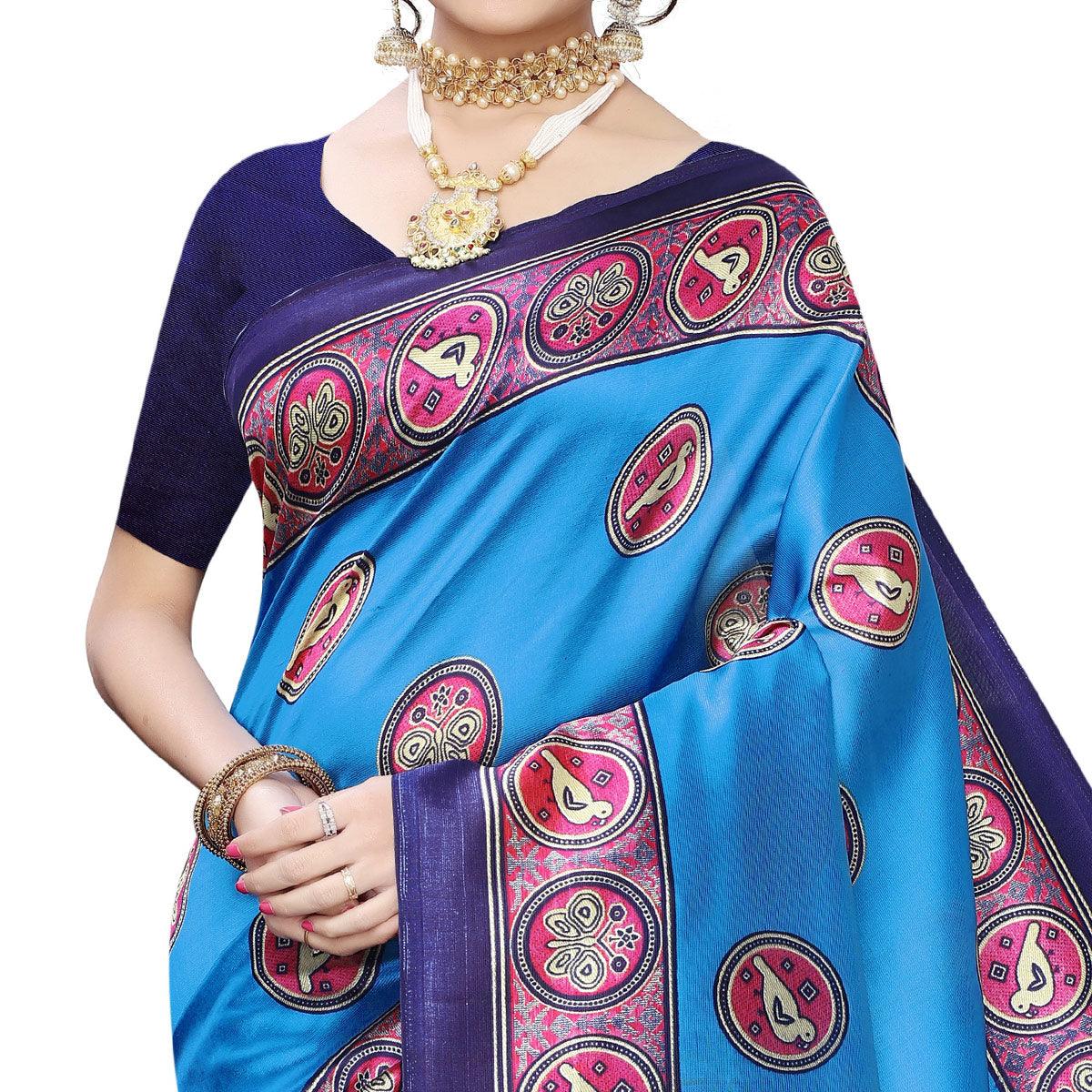 Imposing Sky Blue Colored Casual Wear Printed Art Silk Saree