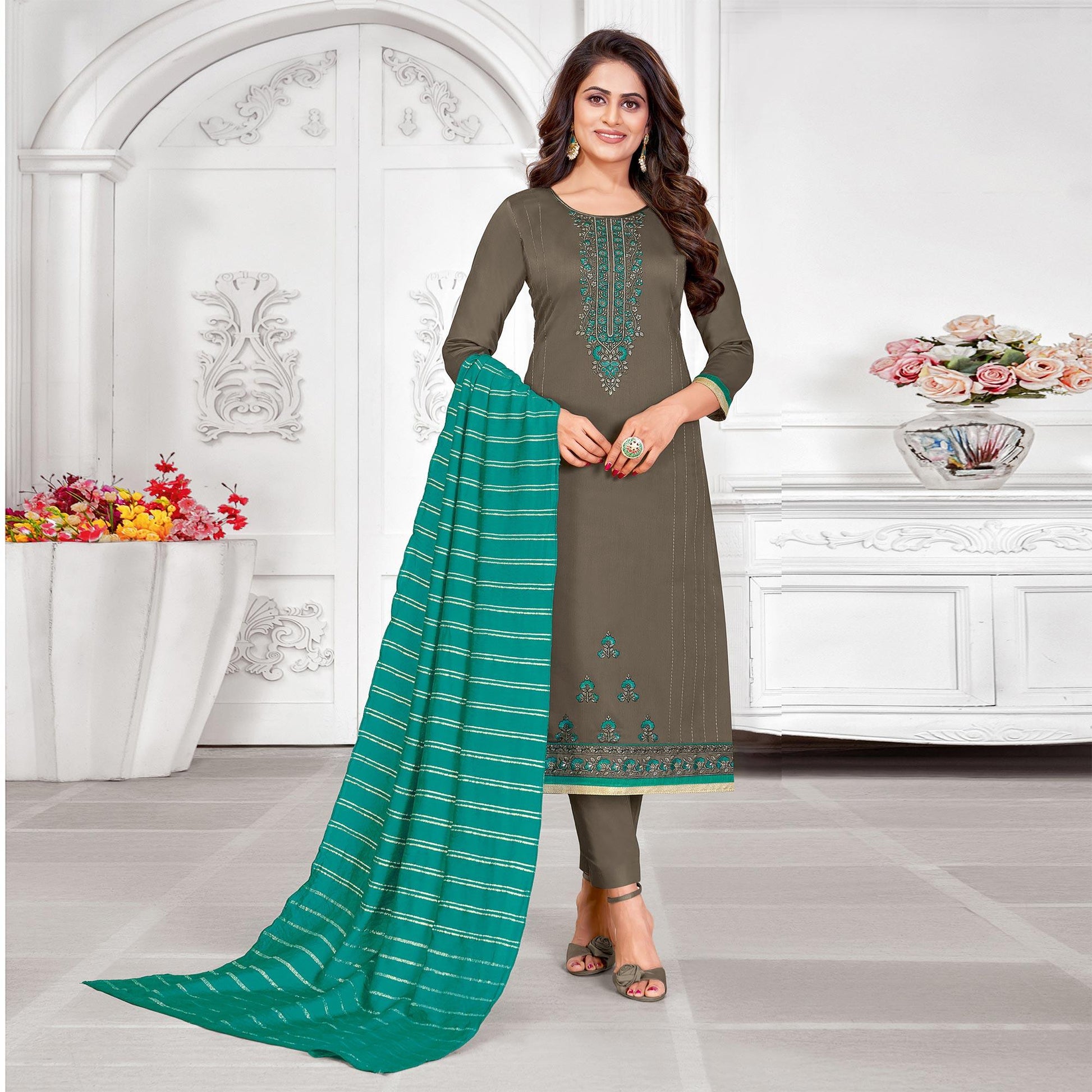 Imposing Steel-Grey Colored Partywear Designer Embroidery Cotton Salwar Suit