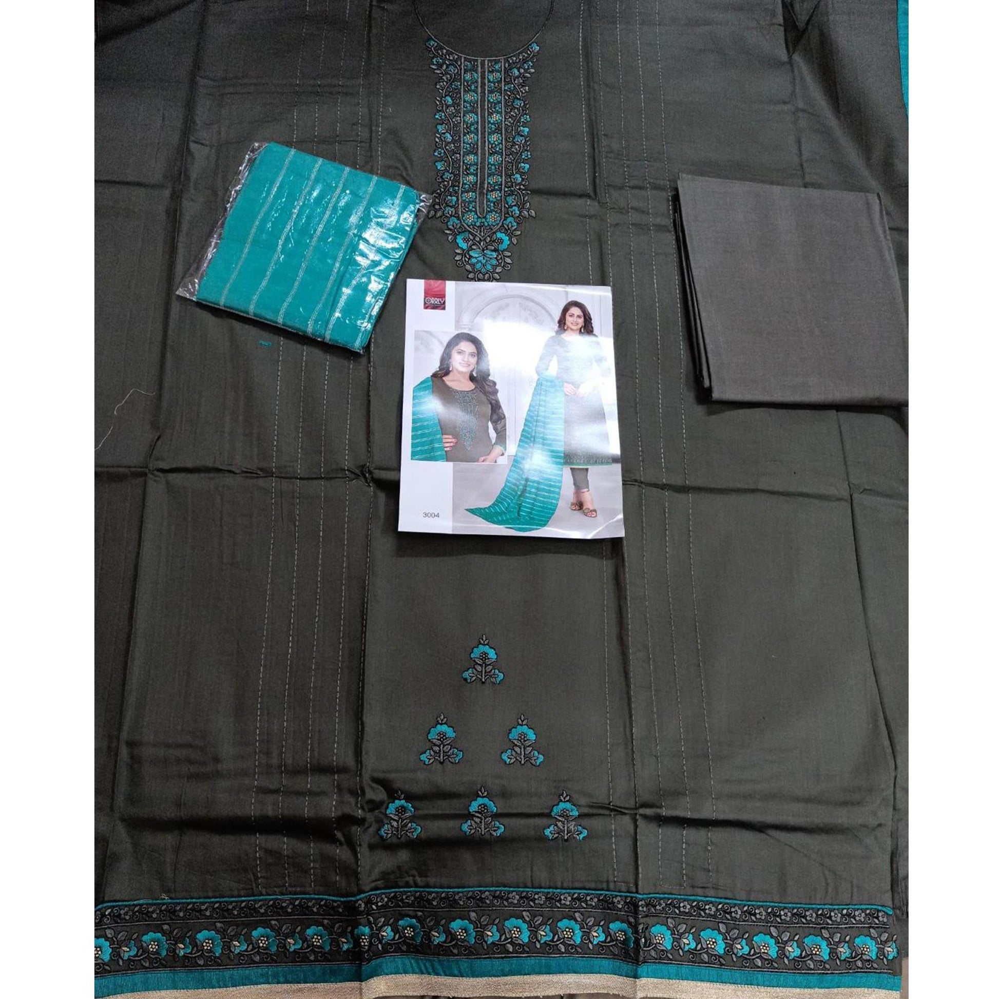 Imposing Steel-Grey Colored Partywear Designer Embroidery Cotton Salwar Suit
