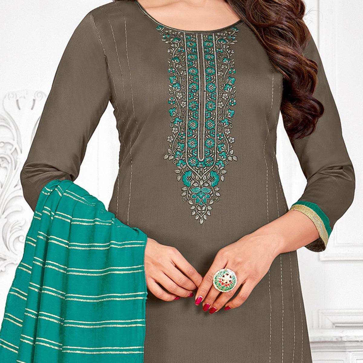 Imposing Steel-Grey Colored Partywear Designer Embroidery Cotton Salwar Suit