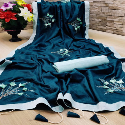 Imposing Teal Blue Colored Festive Wear Woven Dola Silk Saree