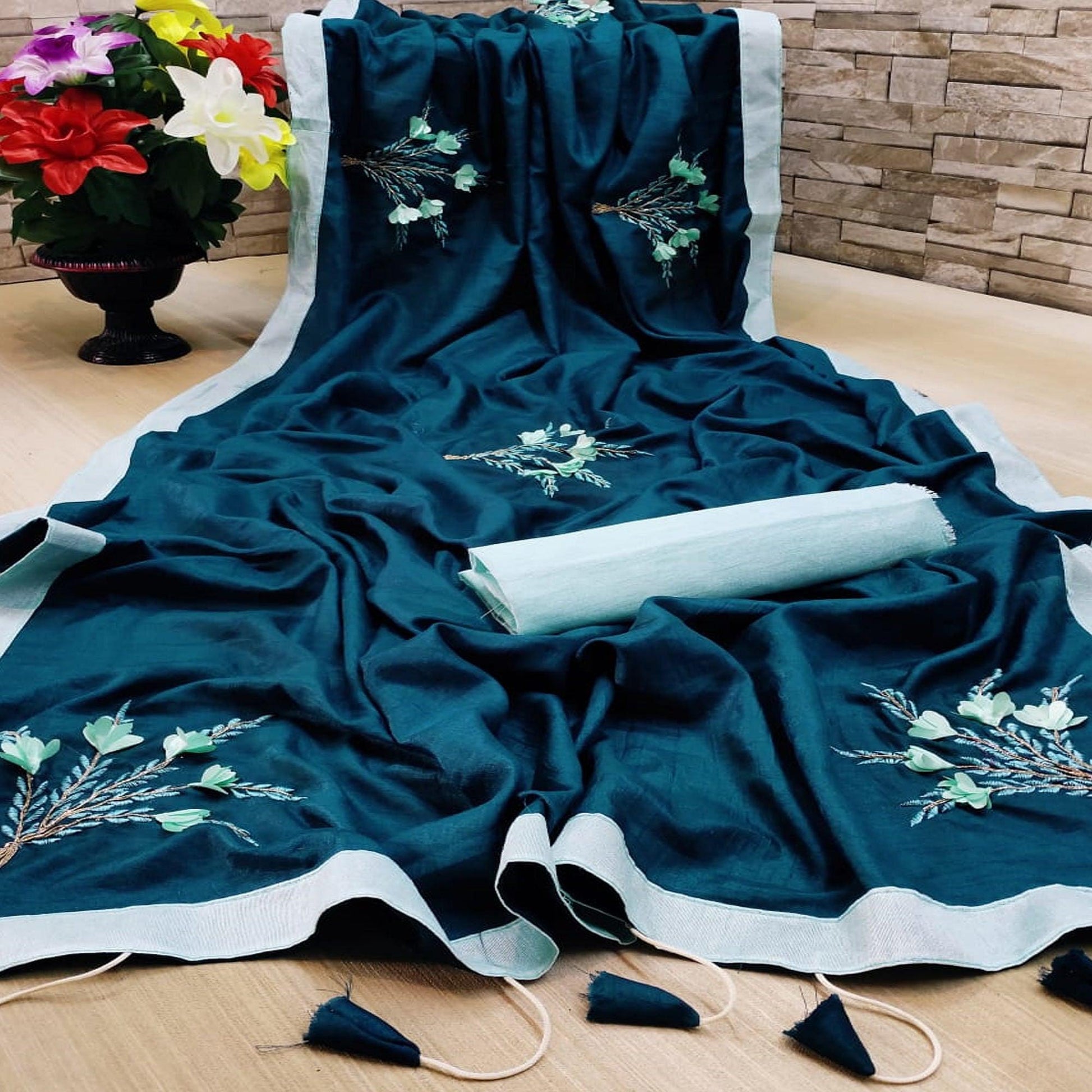 Imposing Teal Blue Colored Festive Wear Woven Dola Silk Saree