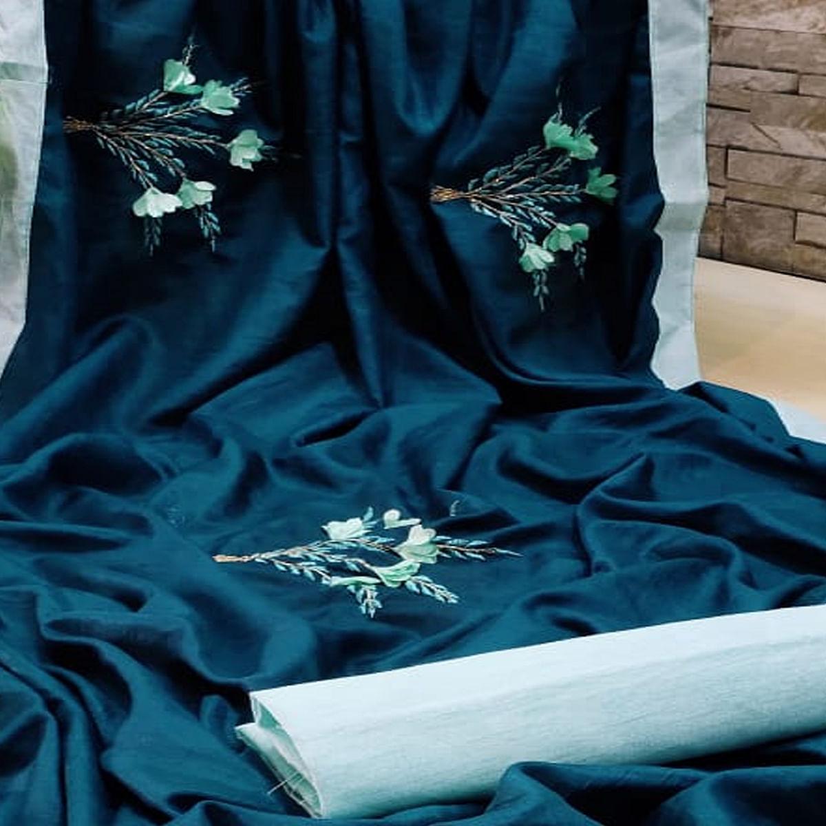 Imposing Teal Blue Colored Festive Wear Woven Dola Silk Saree