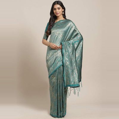 Imposing Teal Green Colored Festive Wear Woven Silk Blend Saree
