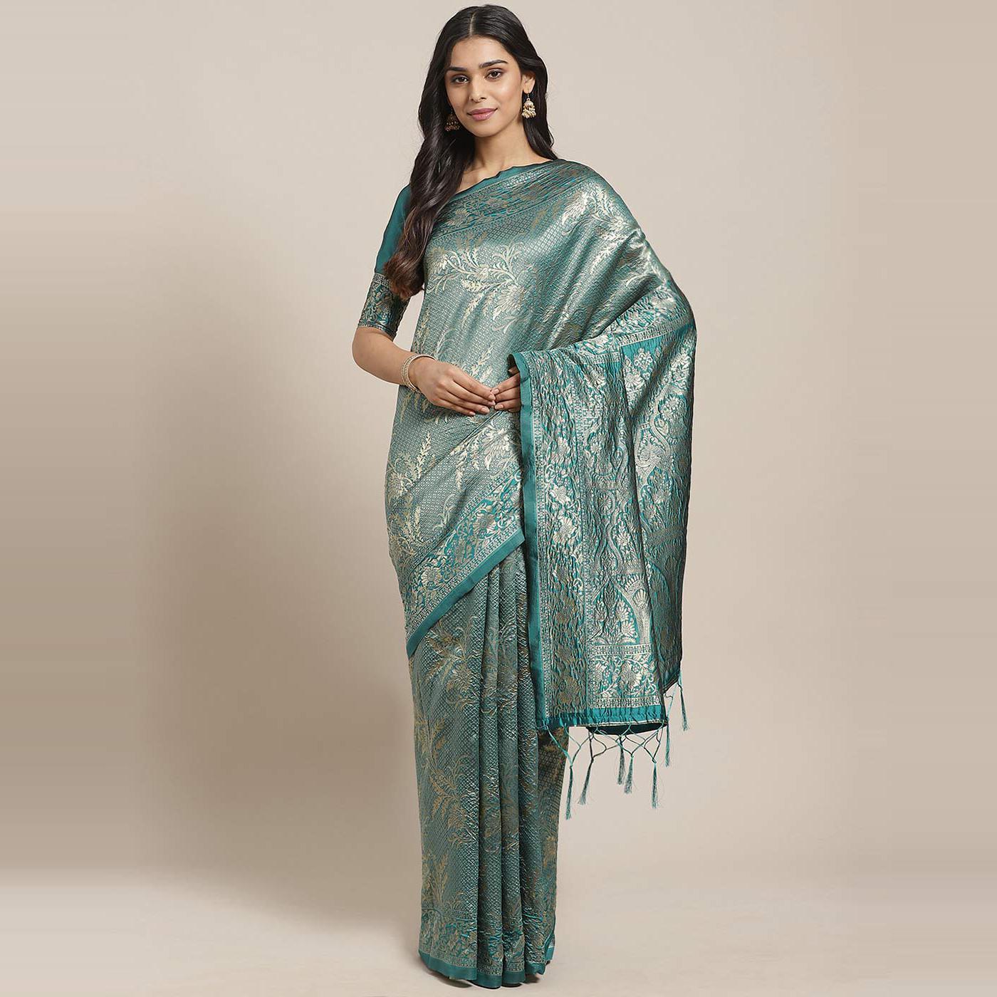 Imposing Teal Green Colored Festive Wear Woven Silk Blend Saree