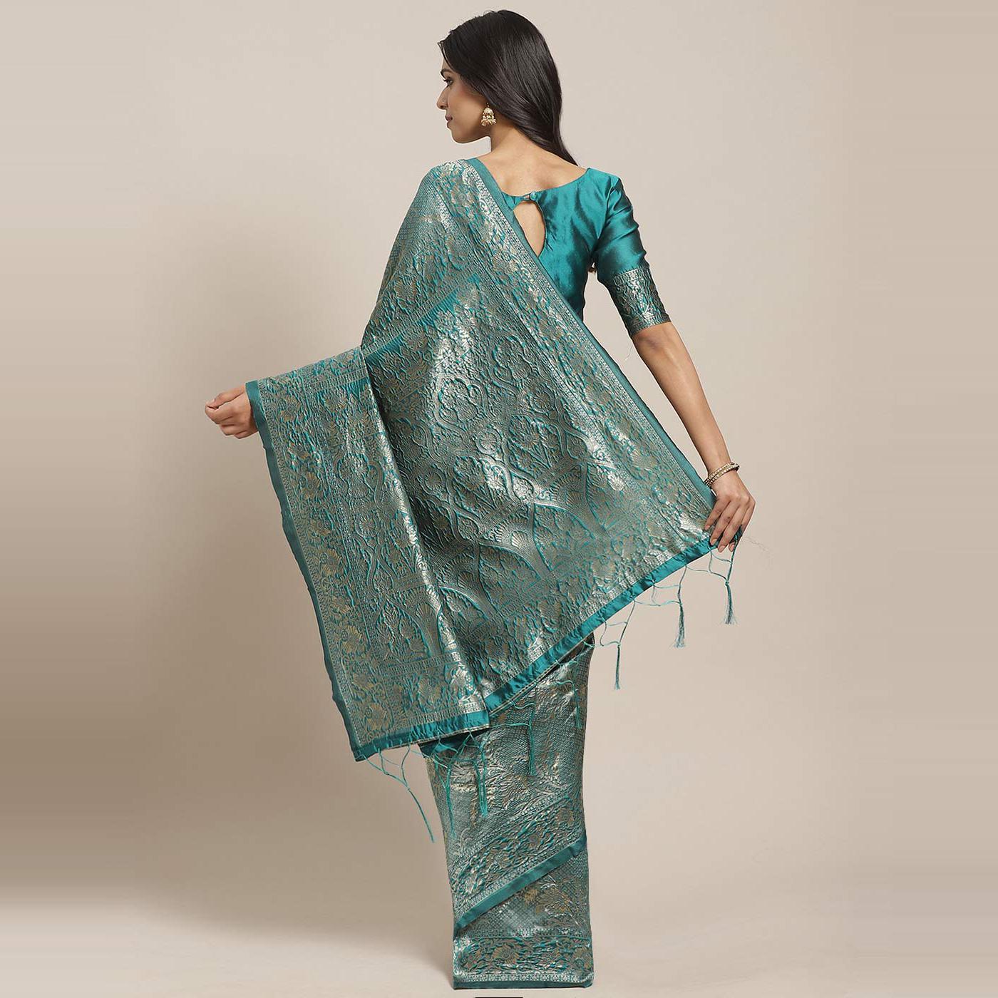 Imposing Teal Green Colored Festive Wear Woven Silk Blend Saree