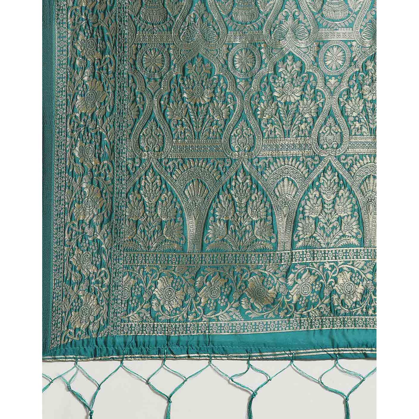 Imposing Teal Green Colored Festive Wear Woven Silk Blend Saree