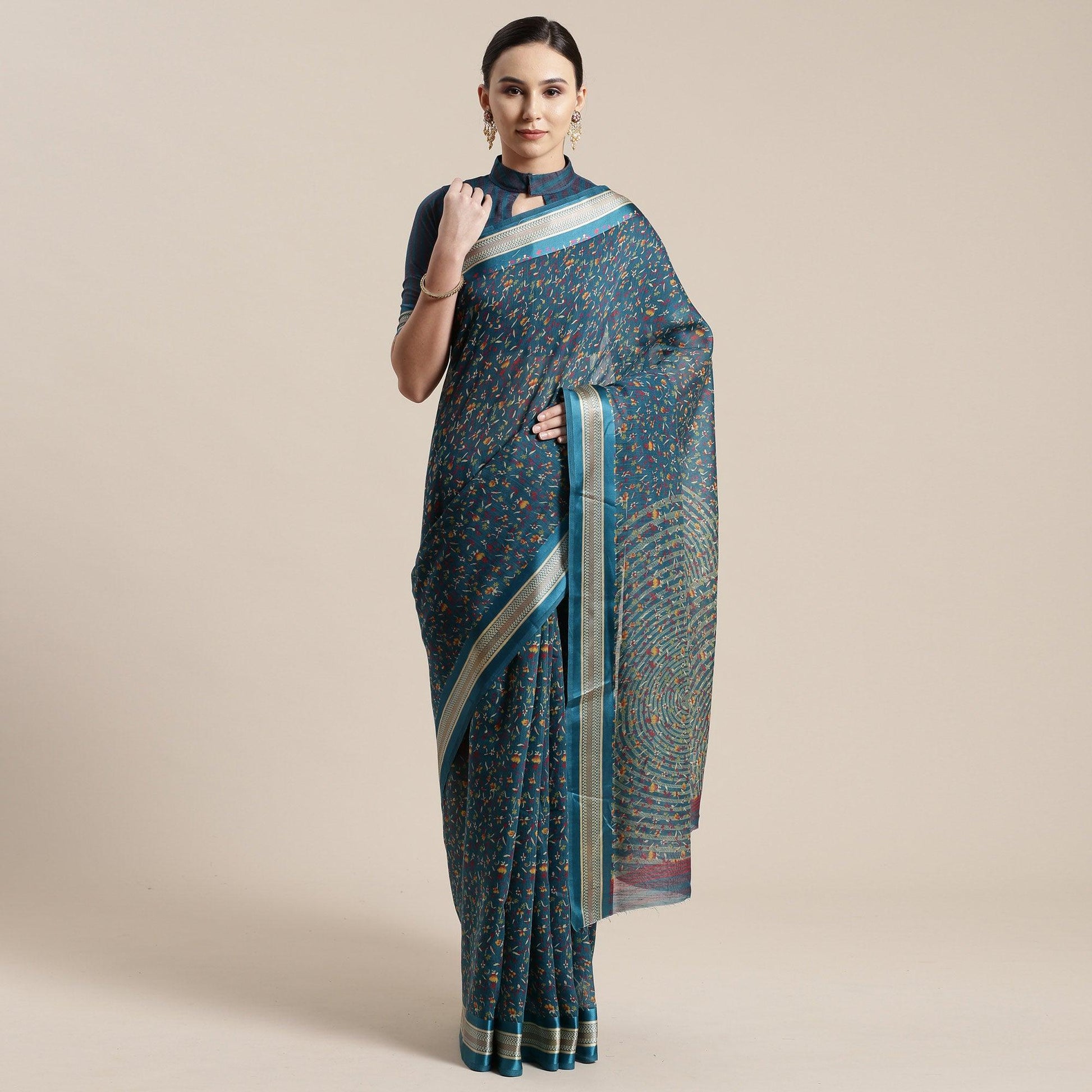 Imposing Turquoise Colored Casual Wear Floral Printed Cotton Silk Saree