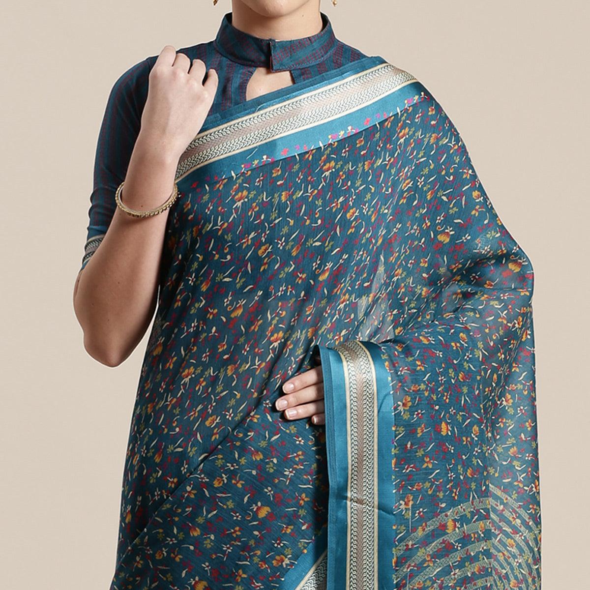 Imposing Turquoise Colored Casual Wear Floral Printed Cotton Silk Saree