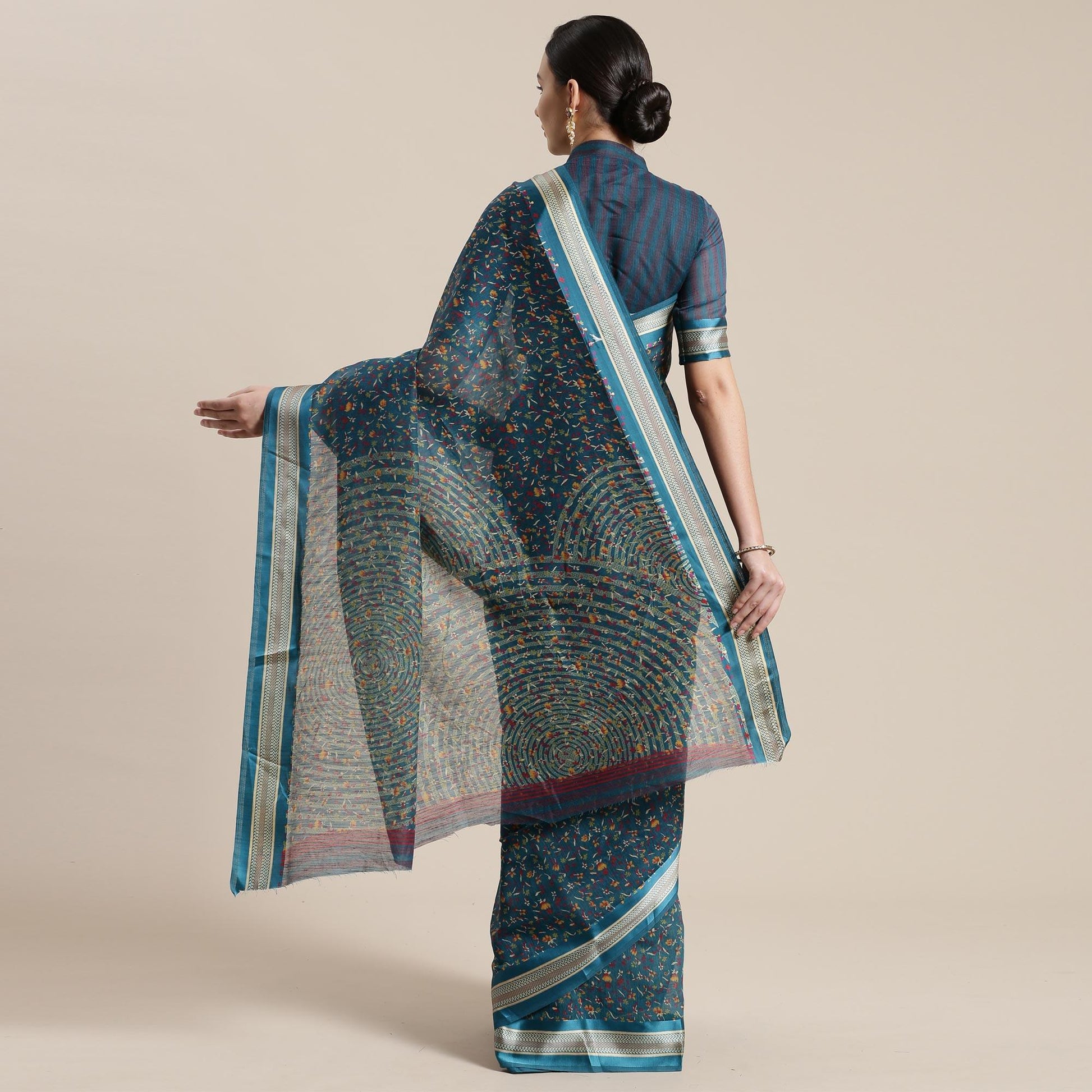 Imposing Turquoise Colored Casual Wear Floral Printed Cotton Silk Saree