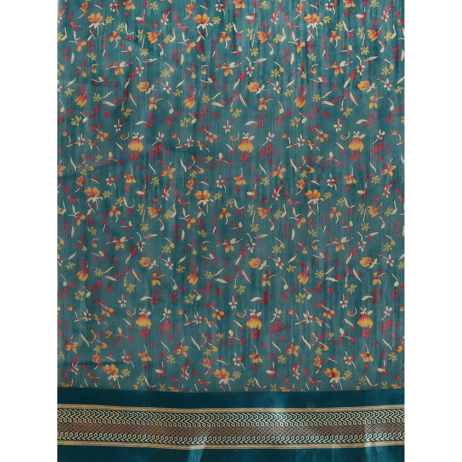 Imposing Turquoise Colored Casual Wear Floral Printed Cotton Silk Saree