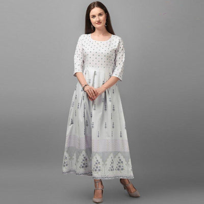 Imposing White Coloured Casual Wear Printed Rayon Malai Kurti