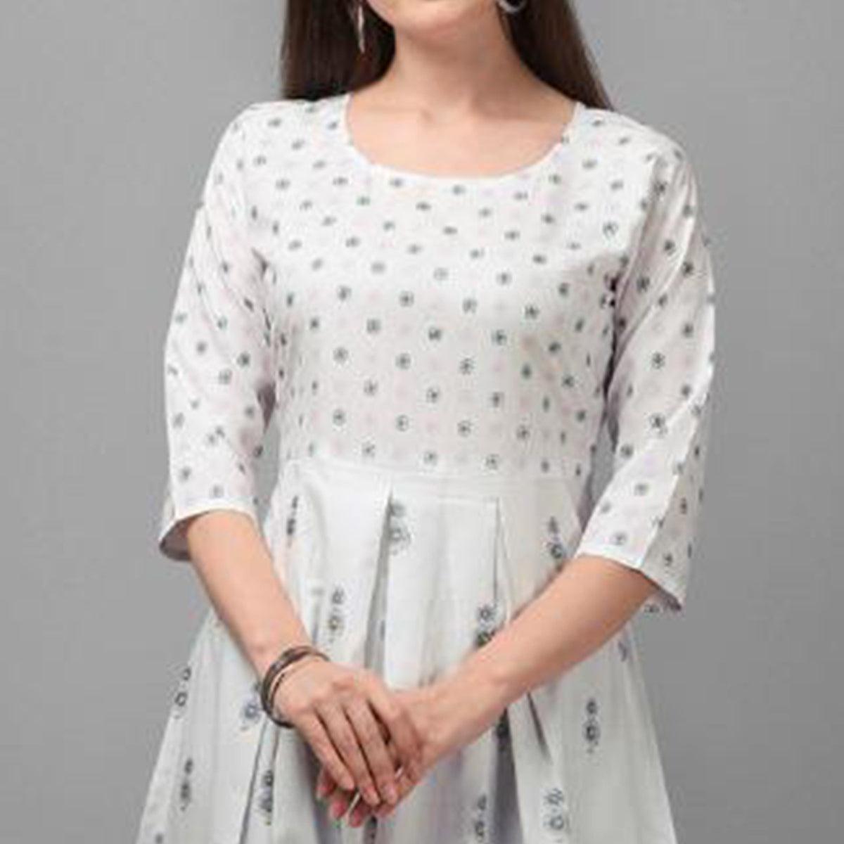 Imposing White Coloured Casual Wear Printed Rayon Malai Kurti