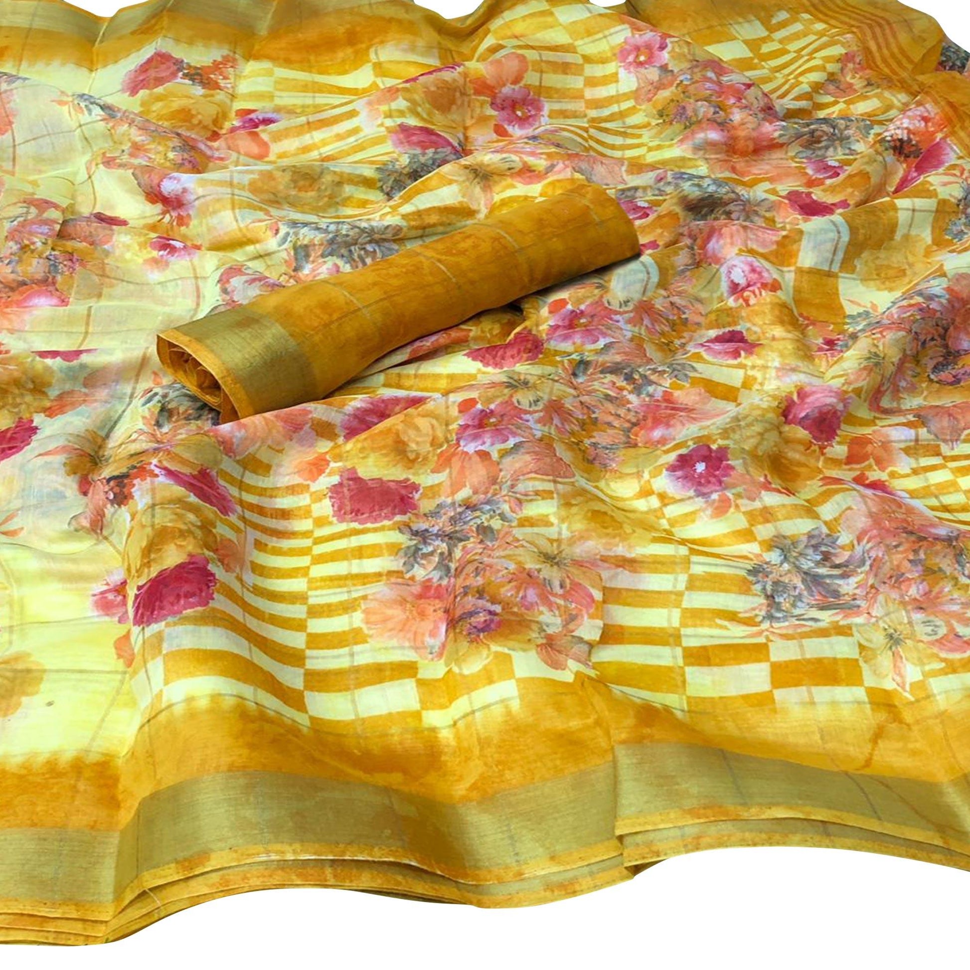Imposing Yellow Colored Casual Floral Printed Cotton Saree