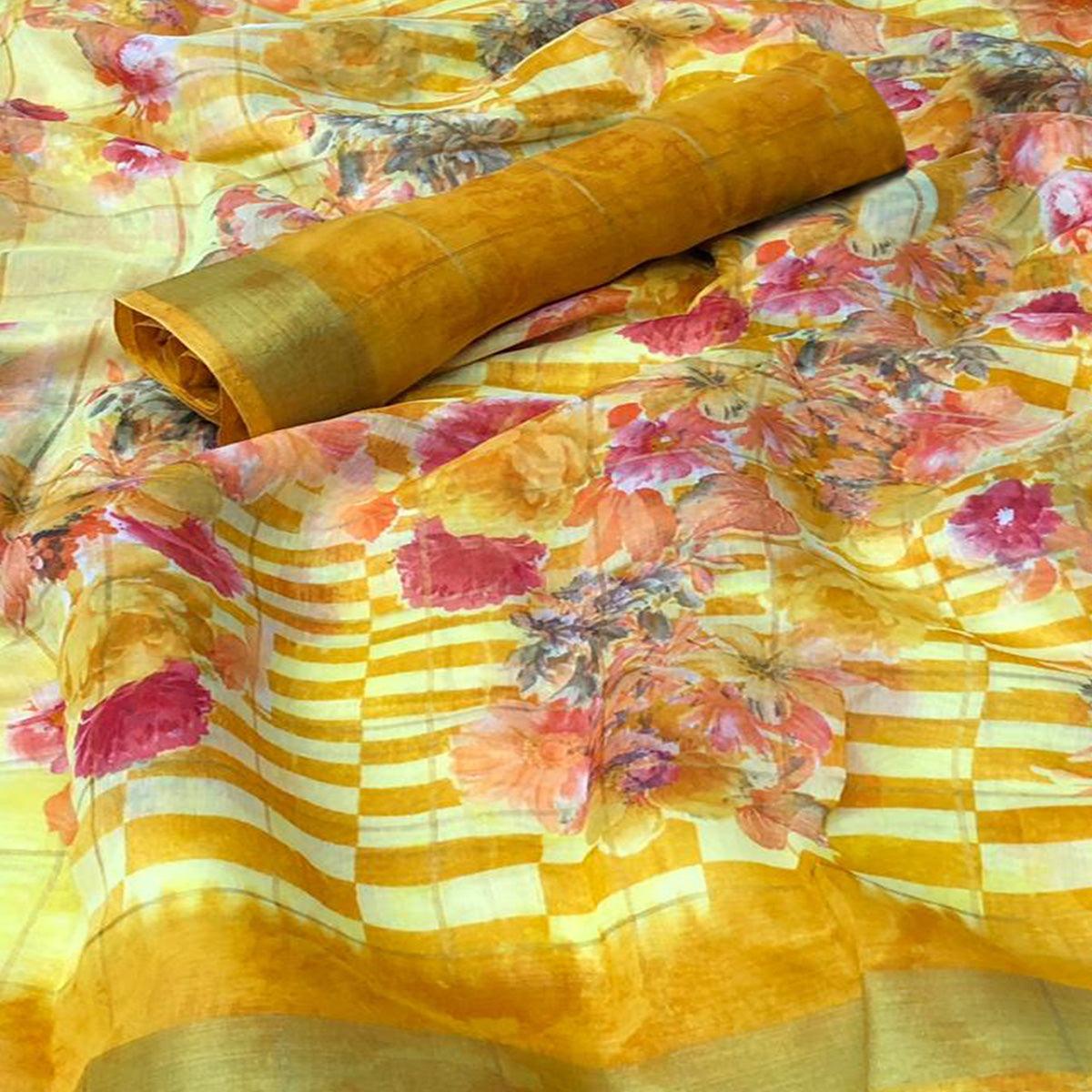Imposing Yellow Colored Casual Floral Printed Cotton Saree