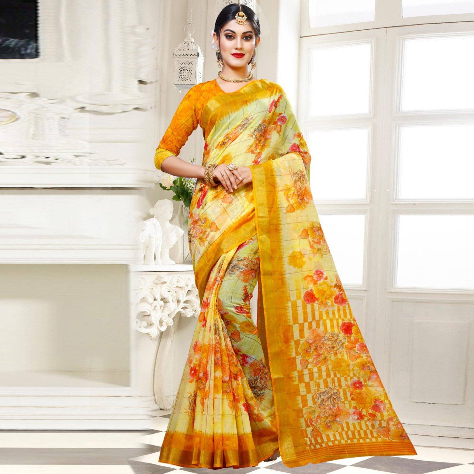Imposing Yellow Colored Casual Floral Printed Cotton Saree