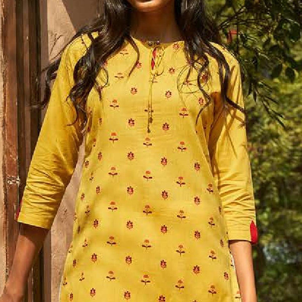 Imposing Yellow Colored Casual Wear Embroidered Cotton Kurti With Bottom