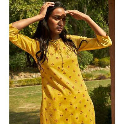 Imposing Yellow Colored Casual Wear Embroidered Cotton Kurti With Bottom